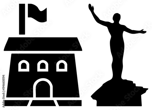 Black silhouette of a triumphant statue and building with flag, national symbol, public monument,, architecture, democratic emblem.