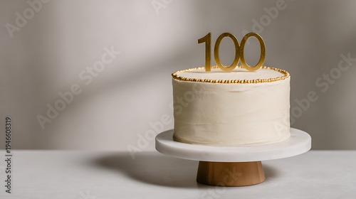Elegant white frosted celebration cake with golden 