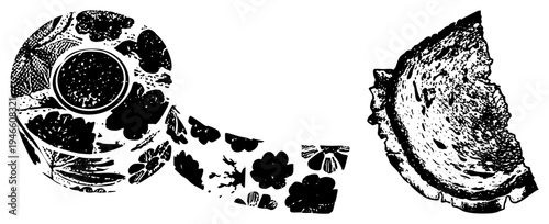 Decorative tape with intricate design unraveling into scattered pieces, classic textile motif, retro wallpaper element, craft supply graphic.