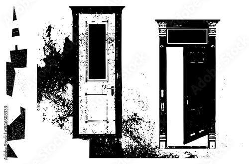 Classic architectural doors with ornate frames, entryways, historic door designs, black and white vector illustration, halftone texture.