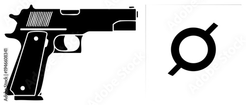 Gun with trigger and grip, target symbol with, vector graphics, isolated, flat design, security symbols, weapon, aiming target.