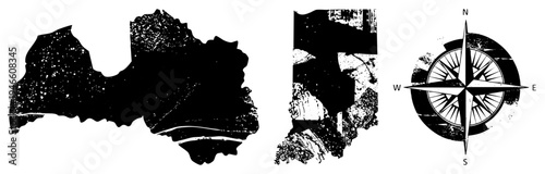 Grungy black and white map with distressed textures, compass rose navigation, geographic design elements, cartographic vector graphics.