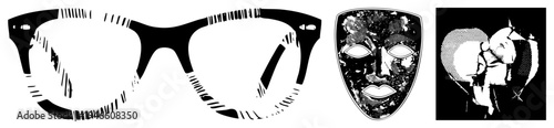 Modern eyewear design, tribal face mask, stylized human silhouettes, halftone, graphic vector art, isolated foreground elements, bold style.