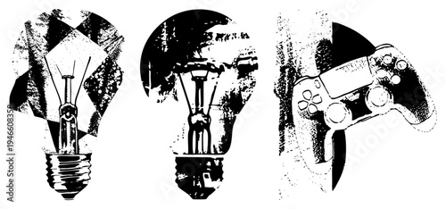 Lightbulb, globe, game controller rendered in halftone, representing ideas, global reach, and digital entertainment. Vector art,, stylized tech.