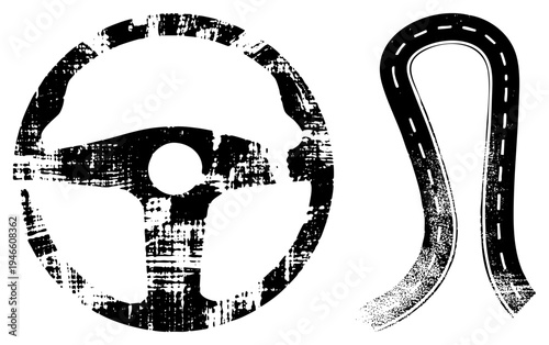 Grunge style steering wheel and curving road with dashed, automotive, vector illustration, black and white, distressed texture, road sign design.