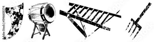 Four isolated vector taiko drum on stand, wooden ladder, pitchfork, and shield with splatter texture. Black and white halftone print, distressed grunge aesthetic, graphic design elements.