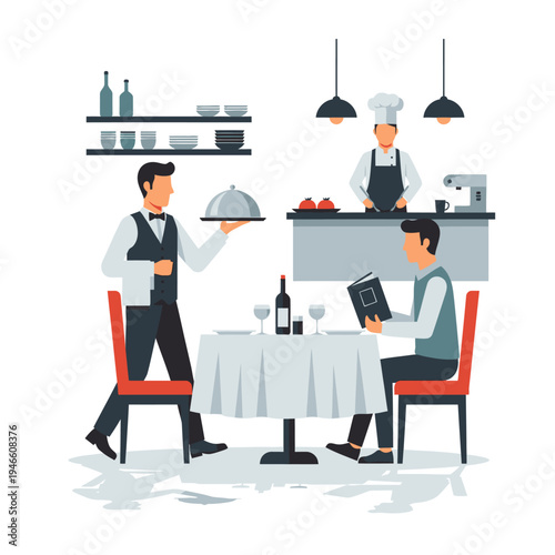 Waiter serving food to customer in restaurant.