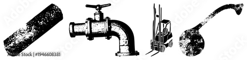 Set of industrial pipe, valve, forklift, squeegee, halftone style, technical symbols, isolated vector graphics.
