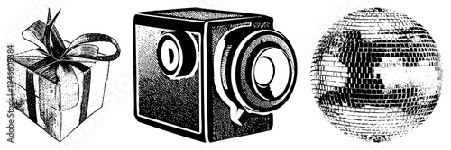 Retro gift wrapped in ribbon, vintage box camera with lens, disco ball mirror tiles classic vector illustrations, halftone texture, isolated.