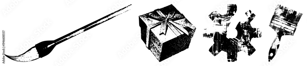 Obraz premium Paintbrushes, gift box with ribbon, puzzle pieces, artistic tools, creative symbols, vector art, craft.