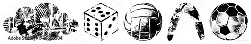 Vector of sports gear with halftone textures, including dice, volleyball, boomerang, soccer ball, and abstract shapes, rendered in with artistic grain.