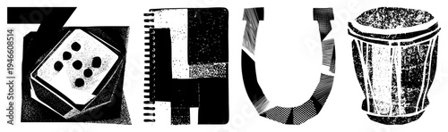 Stylized alphabet letters created with halftone textures, bold geometric forms, vector design, graphic typography, artistic lettering.