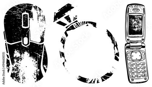 Retro computing mouse, wireless, classic flip phone, digital era artifacts, tech nostalgia, vector, grunge texture style.
