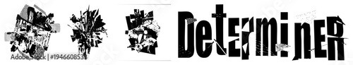 Stylized word "Determiner" with shattered geometric fragments, halftone textures, bold sans serif, graphic design, typography art, vector cutout.