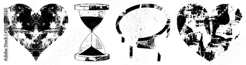 Broken heart symbol with grunge texture, hourglass timer with sand, abstract question mark, distressed graphic elements, vector art.