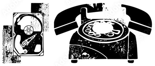 Retro rotary telephone and internal hard drive depicted in stylized vector art, representing obsolete and digital tech, grunge texture, isolated digital relics.