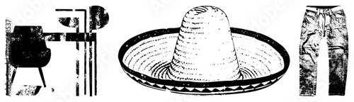 Modern chair silhouette, traditional sombrero with decorative trim, classic denim jeans all rendered in high contrast vector art. Includes furniture, headwear, and apparel in minimalist design.