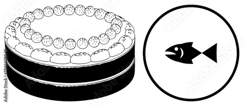 Vector illustration of round cake topped with berries and cream, alongside minimalist fish in circle, design, food and symbol combo.