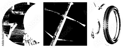 Stylized bicycle wheel and frame rendered in halftone texture, isolated vector art, gear and tire, graphic design, cycling motif.