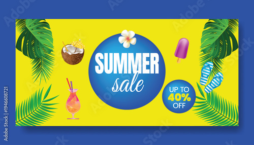 Summer Sale Advertising Banner Template with Tropical Beach Background, Pool Party Elements and Palm Leaves Vector Illustration, Modern Ecommerce Promotion Header for Social Media Cover