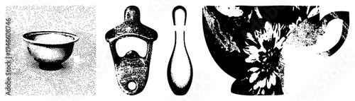 Halftone rendered bowl, bottle opener, bowling pin, mug classic vector with dot, isolated elements, clean, retro aesthetic.