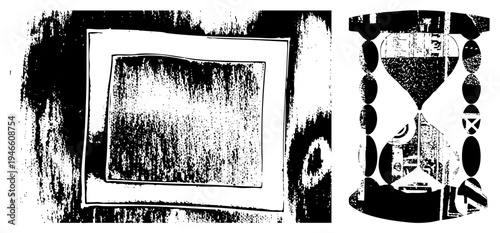 Black and white vector art of a framed with grainy texture alongside an hourglass, both rendered in halftone style with bold, evoking nostalgia and time passing.