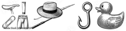 Classic fishing hat and rod, rubber duck toy, bicycle saddle and shorts, tube of sunscreen, all rendered in detailed halftone art.