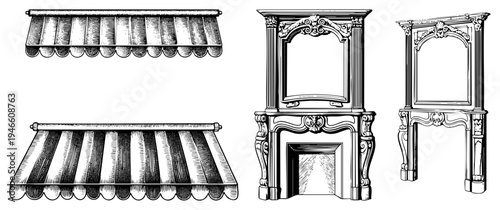 Vintage fireplace mantels with carved and scalloped awnings with striped, classic architectural elements, engraved art, historical interior design motifs.