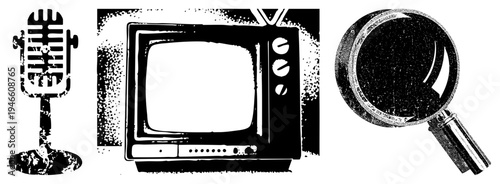 Classic microphone, old set, magnifying glass rendered in halftone, retro tech, vector illustration, black and white, tools.