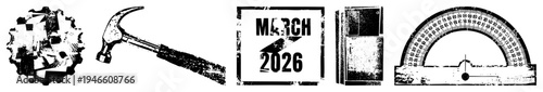 Weathered black and white vector set featuring gear, hammer, 2026 calendar, fridge, and protractor with distressed texture, ideal for industrial or educational designs.