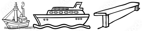 Sailboat with smokestack, cruise ship on waves, diving board, vector doodle, black and white sketch, maritime, recreational equipment.