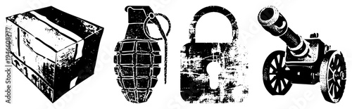 Vector illustration of four gritty symbols cardboard box, hand grenade, padlock, and cannon, rendered in halftone with distressed texture. Military, security, or hazard themed graphic elements.