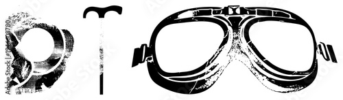 Retro aviation goggles with textured straps, halftone skull graphic, trowel tool, vector glyph set, flat design.