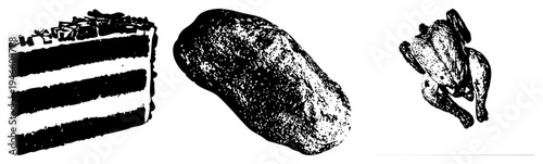 Layered cake slice with frosting, textured potato, roasted chicken all rendered in halftone vector style. Dessert, starch, poultry. Food illustration, graphic design.