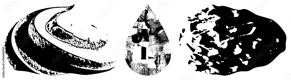 Obraz premium Stylized vector with halftone textures, curved wave forms, water droplet silhouette, and irregular organic design with high contrast.