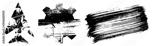 Distressed black vector arrow, gear, brushstroke. Urban stencil style, gritty texture, isolated graphic elements. Ideal for industrial or edgy design projects.