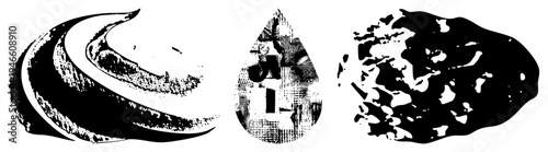 Stylized vector with halftone textures, curved wave forms, water droplet silhouette, and irregular organic design with high contrast.