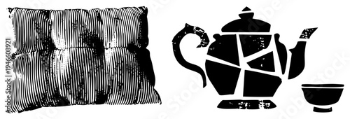 Retro cushion with vertical stripes, cracked teapot silhouette, tea bowl, distressed graphic design, vector art, vintage decor elements.