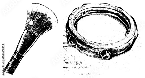 Artistic vector illustration of makeup brush with textured bristles and ornate metal ring, halftone style, isolated foreground elements.