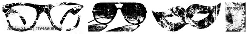 Retro fragmented glasses, aviator sunglasses, masquerade mask, grungy texture, espionage theme, black and white vector art, isolated.