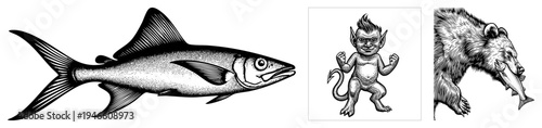 Classic halftone engraved fish, mischievous imp with devil horns, grizzly bear catching salmon all rendered in dot with high contrast.