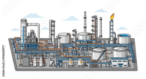 Detailed Illustration of an Industrial Oil Refinery Complex.