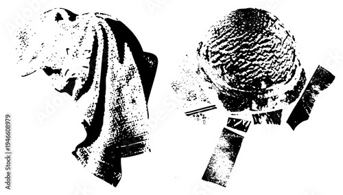 Black and white halftone style dessert, ice cream cone and sundae, stylized vector graphics, food illustration, sweet treat symbols.