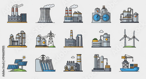 Diverse Industrial and Energy Production Facilities Illustration.