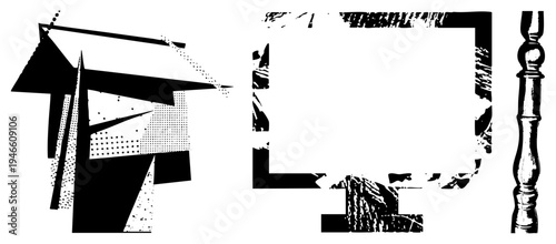 Stylized black and white vector art with halftone, angular geometry, vintage frames perfect for graphic design/print. Synonyms graphic abstraction, typographic ornament, stencil art.