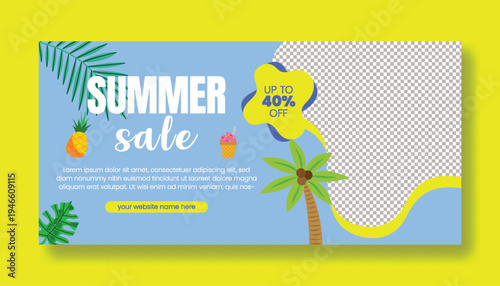 Summer Sale Web Banner Template with Tropical Beach Background, Palm Leaves and Vacation Elements Vector Illustration, Modern Ecommerce Promotion Header for Social Media Cover Marketing