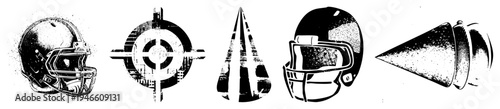 Classic football helmets with faceguards, target,, megaphone, all in gritty halftone style, sports equipment, vector graphic.