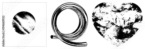 Stylized circular, looped, and heart forms rendered in halftone dot, vector graphics, isolated design elements, graphic art.