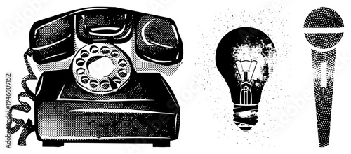 Retro rotary telephone, illuminated lightbulb, vintage microphone, classic communication, black and white halftone graphic, stylized vector art.