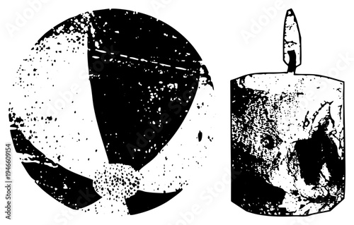 Stylized black and white vector forms featuring halftone, speckled noise, and fragmented circular and cylindrical shapes, graphic design element, isolated vector art.